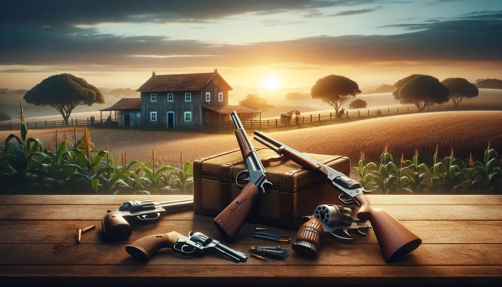 Uma imagem ilustrativa para um artigo sobre 'Armas legais para proteção rural'. A imagem deve mostrar uma paisagem rural tranquila ao fundo, com uma c (1)