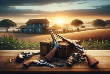 Uma imagem ilustrativa para um artigo sobre 'Armas legais para proteção rural'. A imagem deve mostrar uma paisagem rural tranquila ao fundo, com uma c (1)