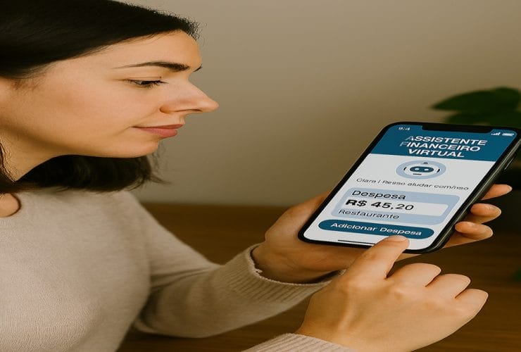 Tela de celular exibindo aplicativo de controle financeiro com despesa registrada em restaurante