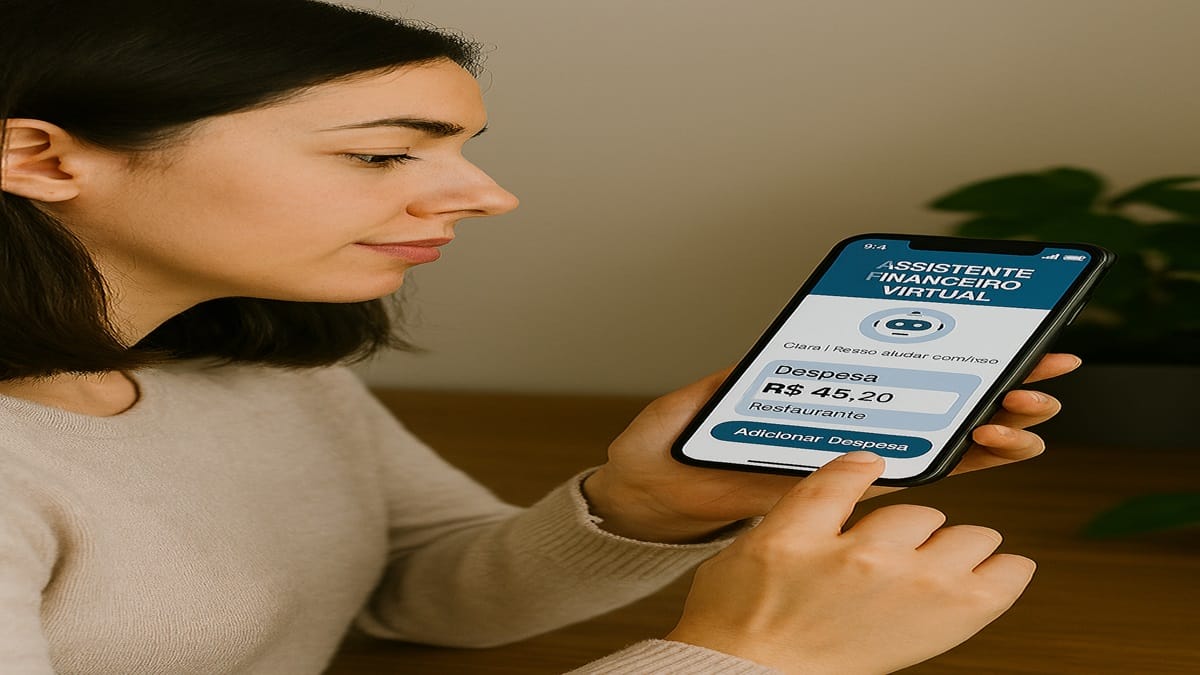 Tela de celular exibindo aplicativo de controle financeiro com despesa registrada em restaurante